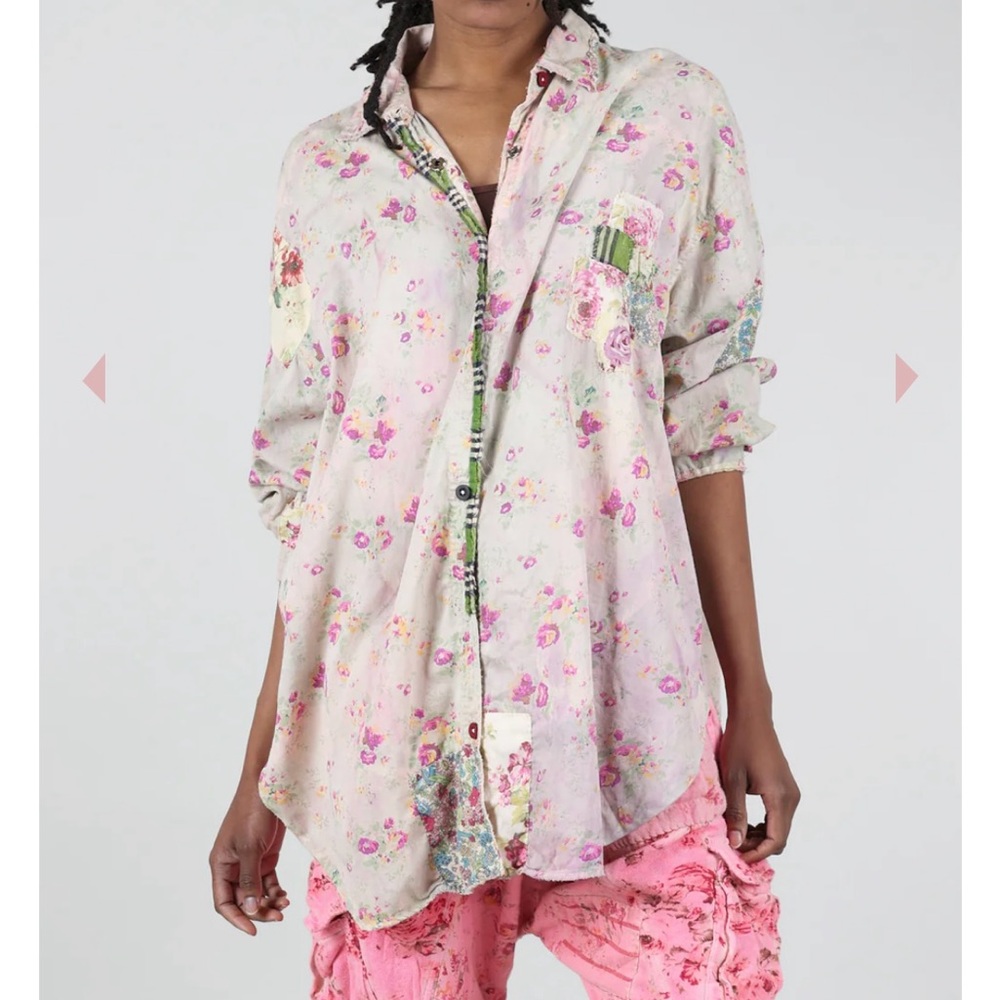 Magnolia Pearl cotton boyfriend shirt with velvet trim NWNWT OS